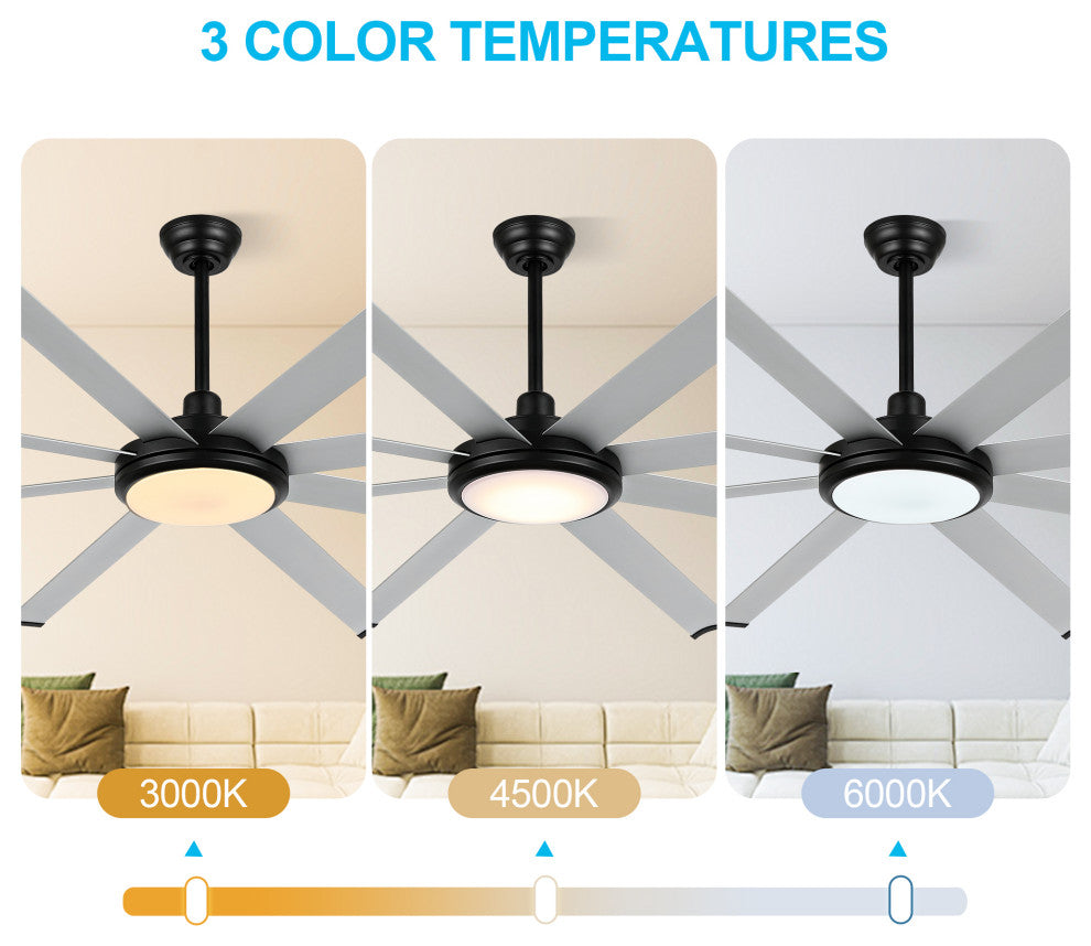 96" 8 Blades Indoor Ceiling Fan, Light Kit, Black and Nickel