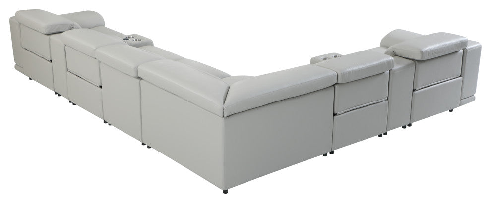 Federico 8-Piece L-Shaped Top Grain Italian Leather Sectional-4 Power Recliners, Light Gray