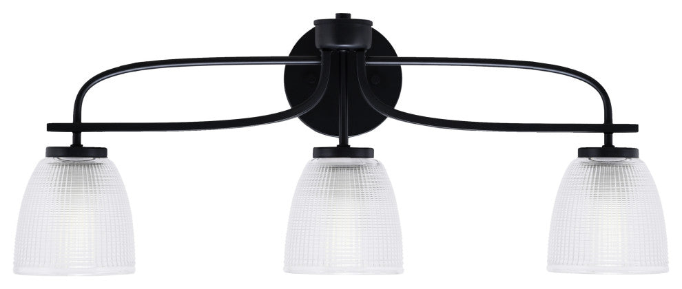 Cavella 3 Light Bath Bar, Matte Black Finish, 5" Clear Ribbed Glass