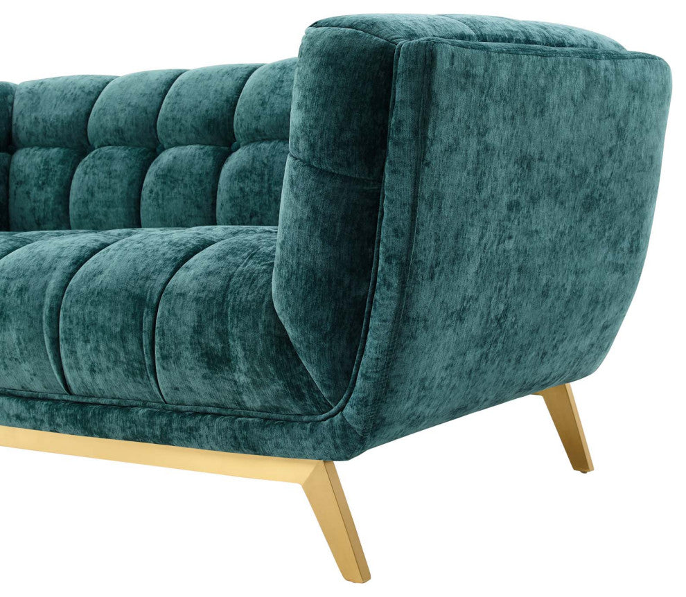 Loveseat Sofa, Velvet, Teal Blue, Modern, Living Lounge Hotel Lobby Hospitality