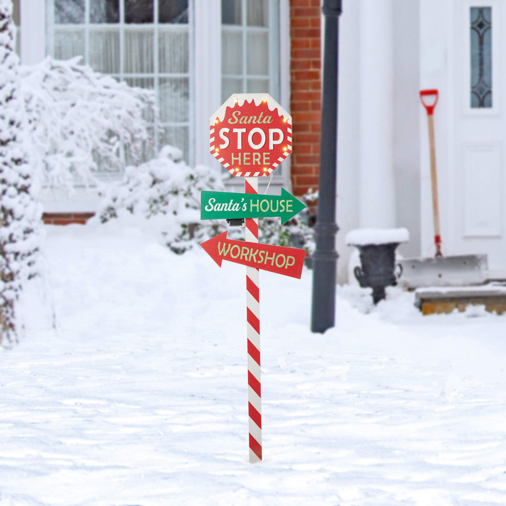 41.75"H Lighted Wooden "Santa Stop Here" Yard Stake