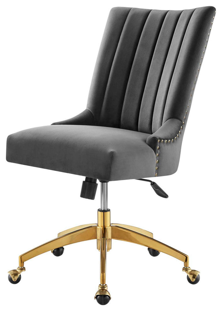 Computer Work Desk Tufted Chair, Velvet, Gold Gray, Home Business Office