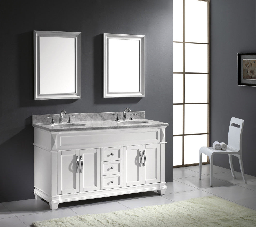Virtu Victoria 60" Double Bathroom Vanity, White With Faucet and Mirrors