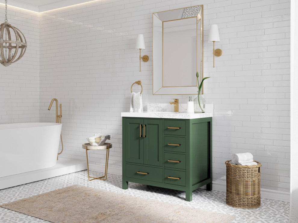 Malibu 36 Center Sink Bath Vanity in Lafayette Green 2" Calacatta Laza
