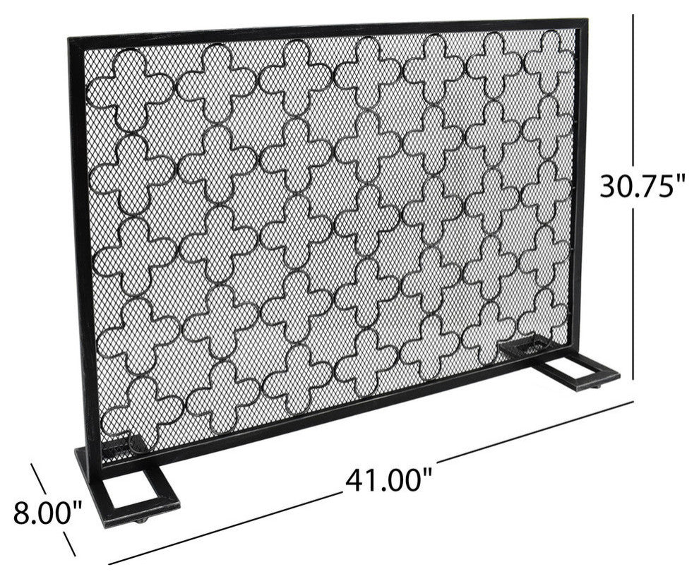 Uriah Modern Single PanelIron Firescreen, Black Brushed Silver Finish