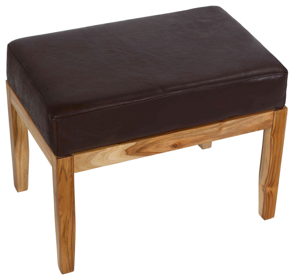 Bare Decor Luisa Bench Genuine 100% Leather and Teak, Brown