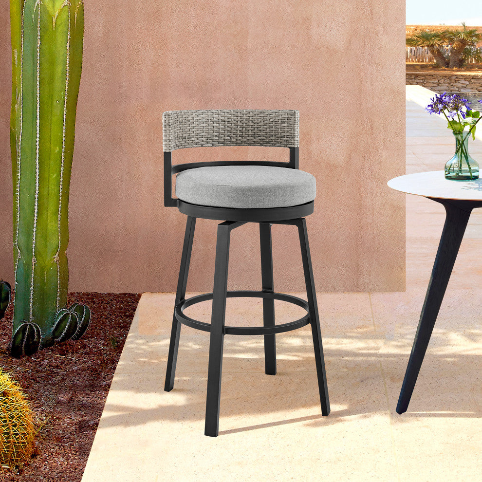 Encinitas Outdoor Stool, Aluminum With Wicker/Gray Cushions, Bar Height