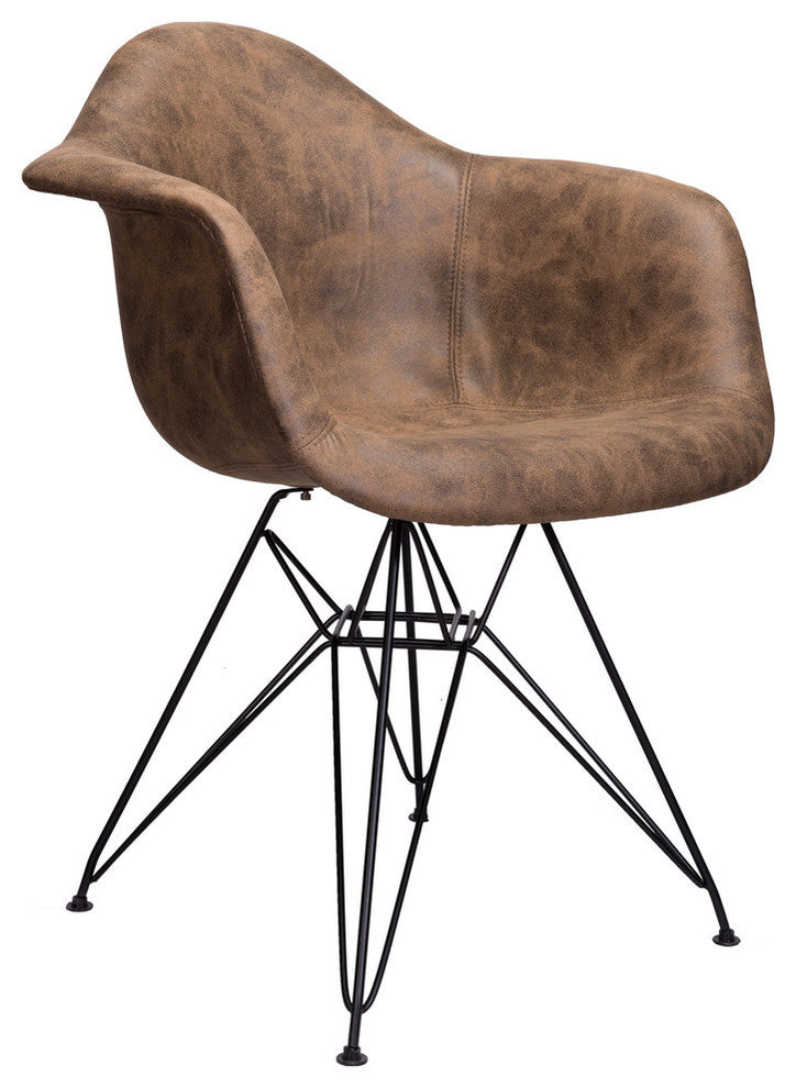 Leatherette Fabric Upholstered DAR Armchair, Black Steel Leg, Dark Brown