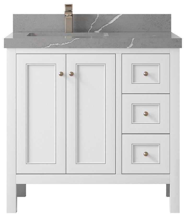 Nashville 36" Left Offset Bath Vanity, White 2" Piatra Gray