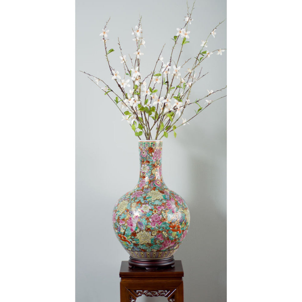 Hand Painted Imperial Canton Porcelain Chinese Floral Temple Vase, With Stand