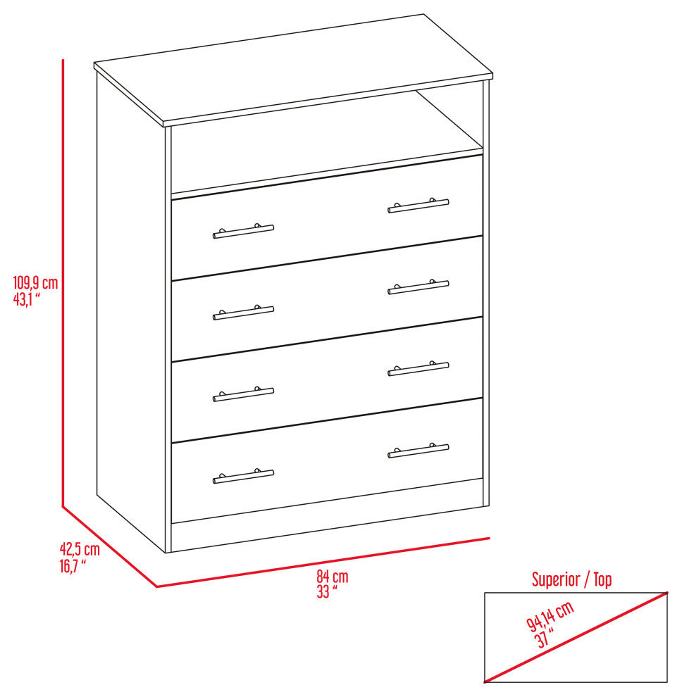 Lagos 4 Drawer Dresser with Open Shelf and Metal Handles, Light Gray