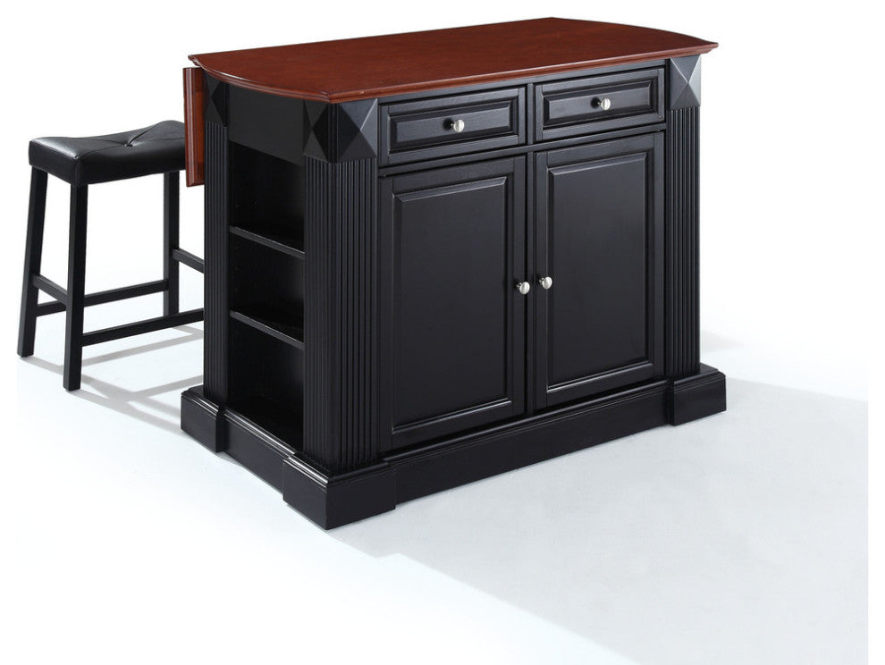 Drop Leaf Breakfast Kitchen Island, Black, 24" Black Upholstered Saddle Stools