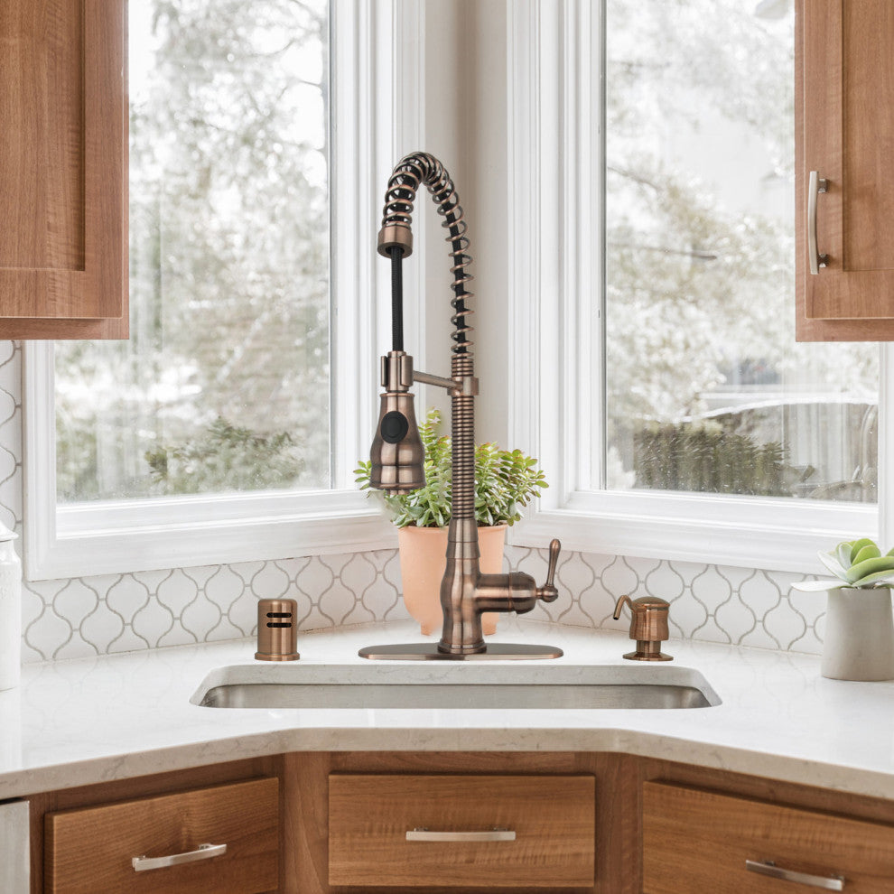 Copper Pre-Rinse Spring Kitchen Faucet with Pull Down Sprayer, Antique Copper
