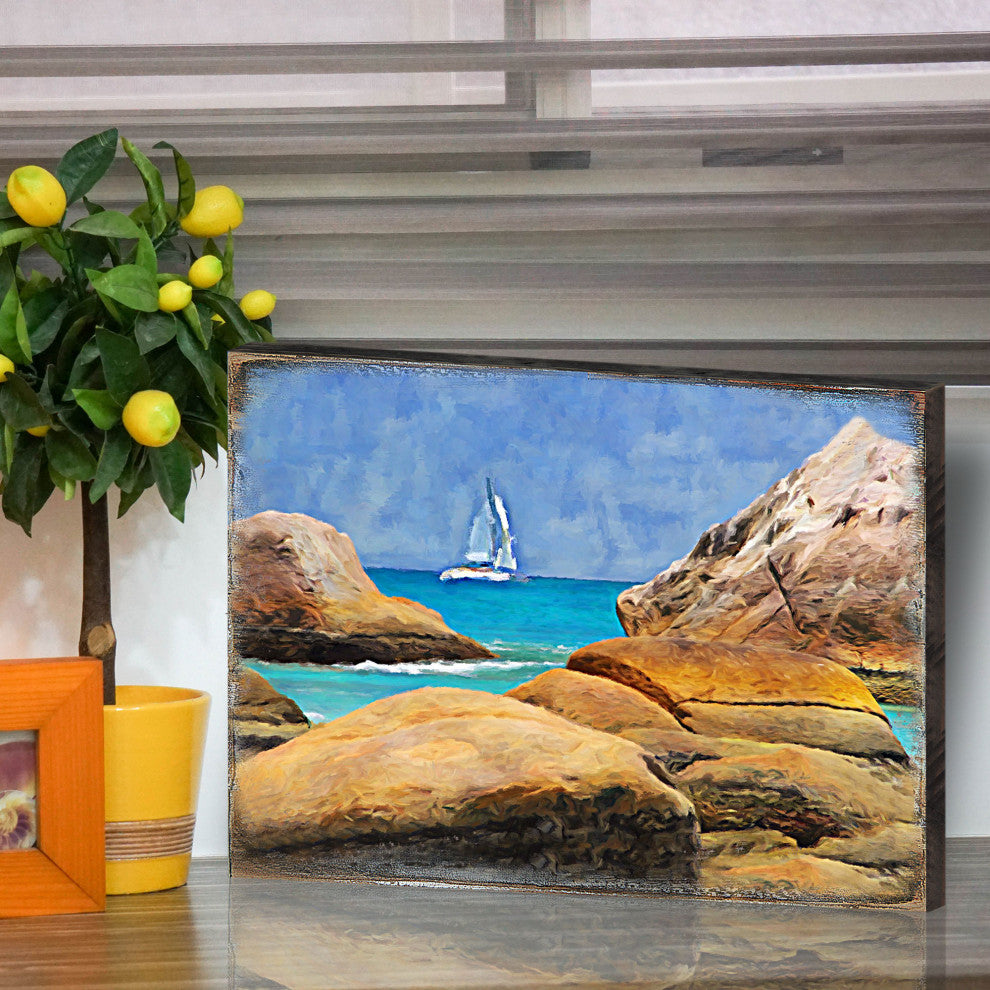 Sailboat on The Rocky Shore Wooden Block, 48 X 36