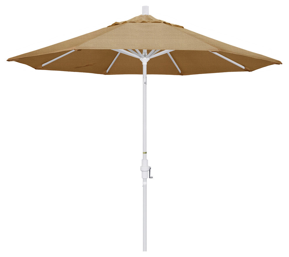 9' Matted White Collar Tilt Crank Lift Aluminum Umbrella, Sunbrella, Linen Sesam