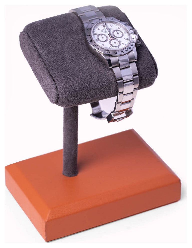 Matte Brown Single Watch Display Stand, Gray Suede CUShion