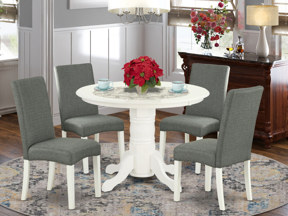 5Pc Rounded 42" Dining Table, Four Parson Chair, Linen White Finish Leg