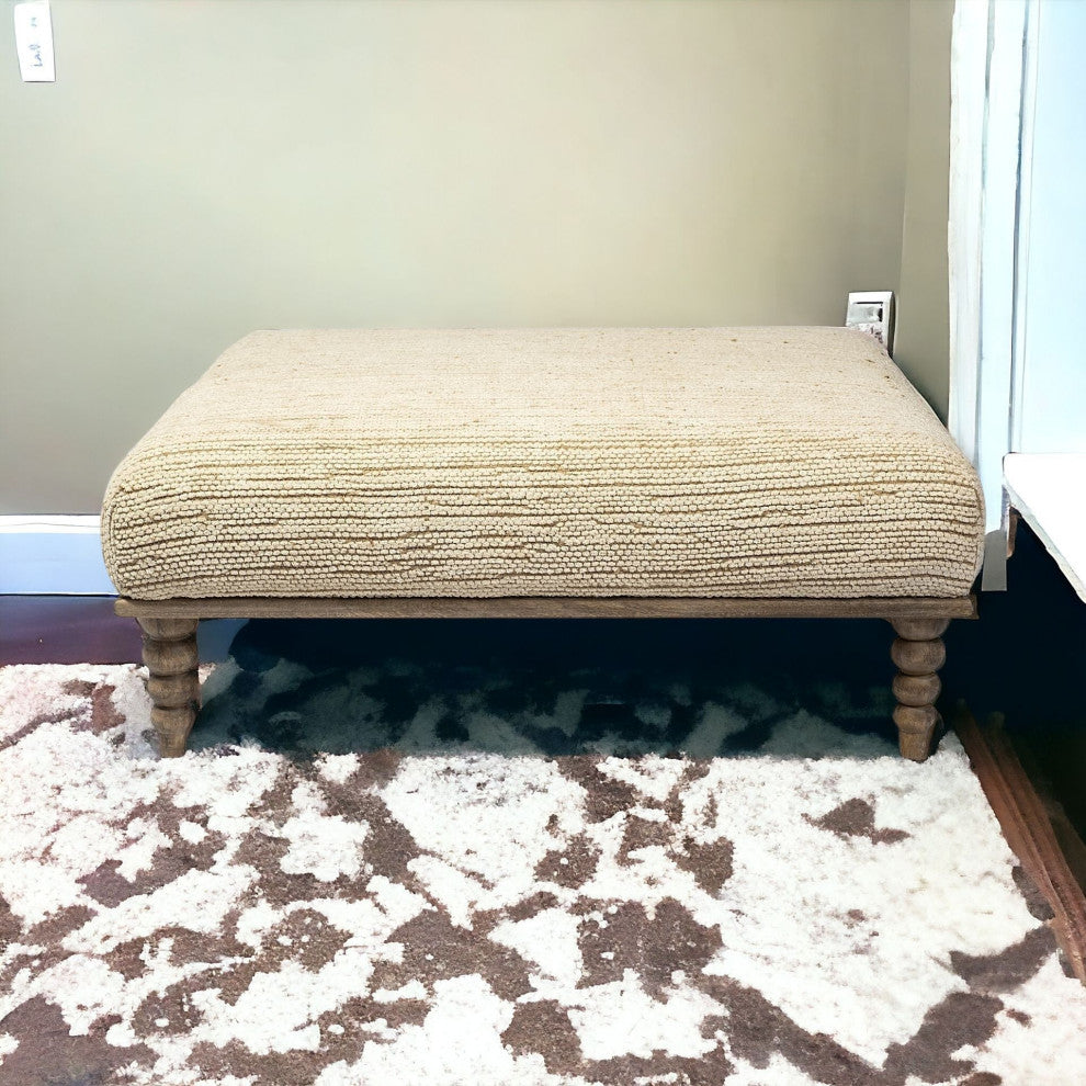 42" Cream and Brown Upholstered Cotton Blend Bench