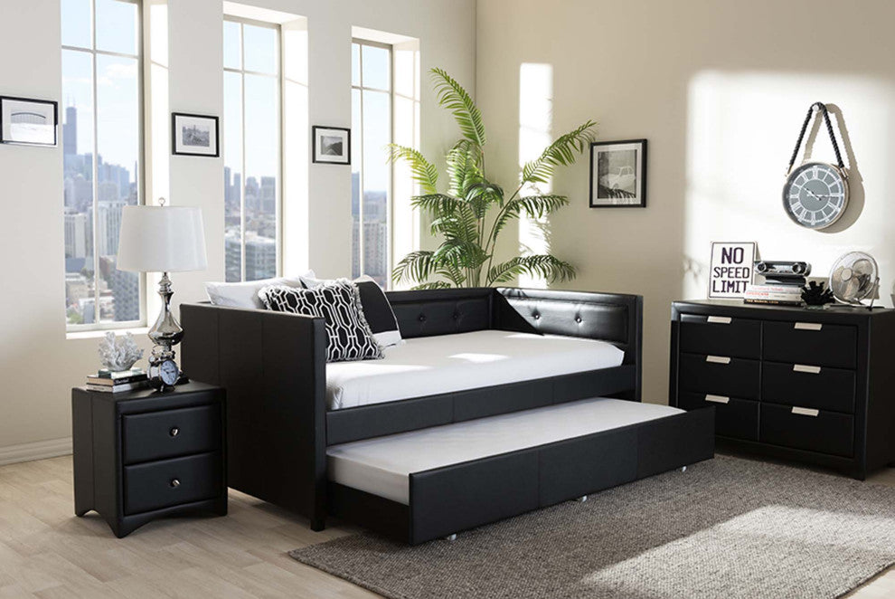 Marlee Faux Leather Button-Tufting Sofa Twin Daybed With Trundle Bed, Black
