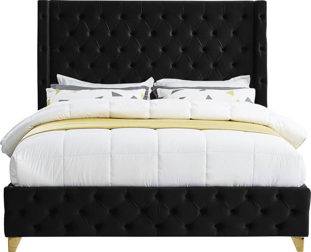 Savan Velvet Upholstered Bed, Black, Full
