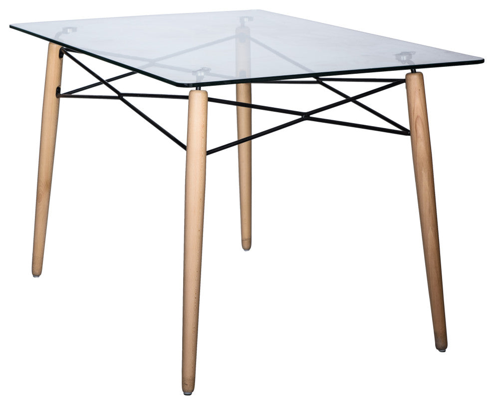 LeisureMod Dover 4' Square Top Dinin Table, Natural Wood Eiffel Base, Clear Glass