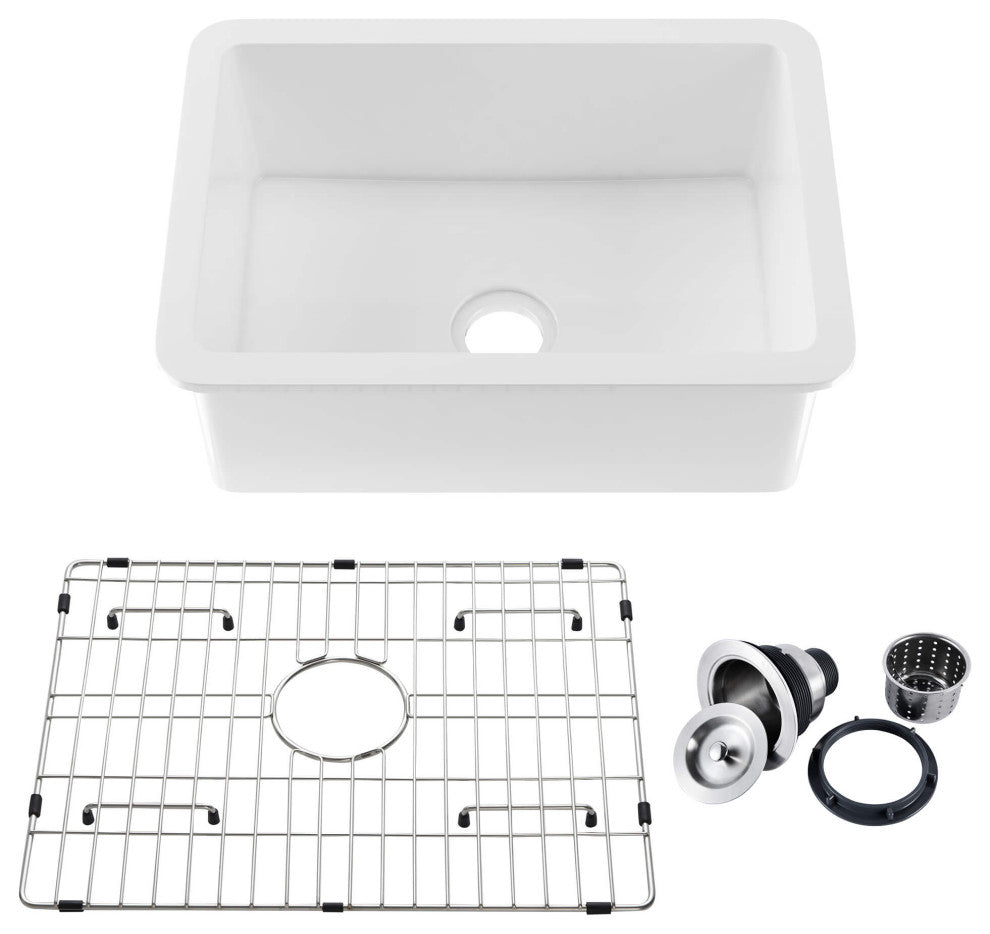 White Fireclay Farmhouse Undermount Kitchen Sink, Bottom Grid and Strain, 27"