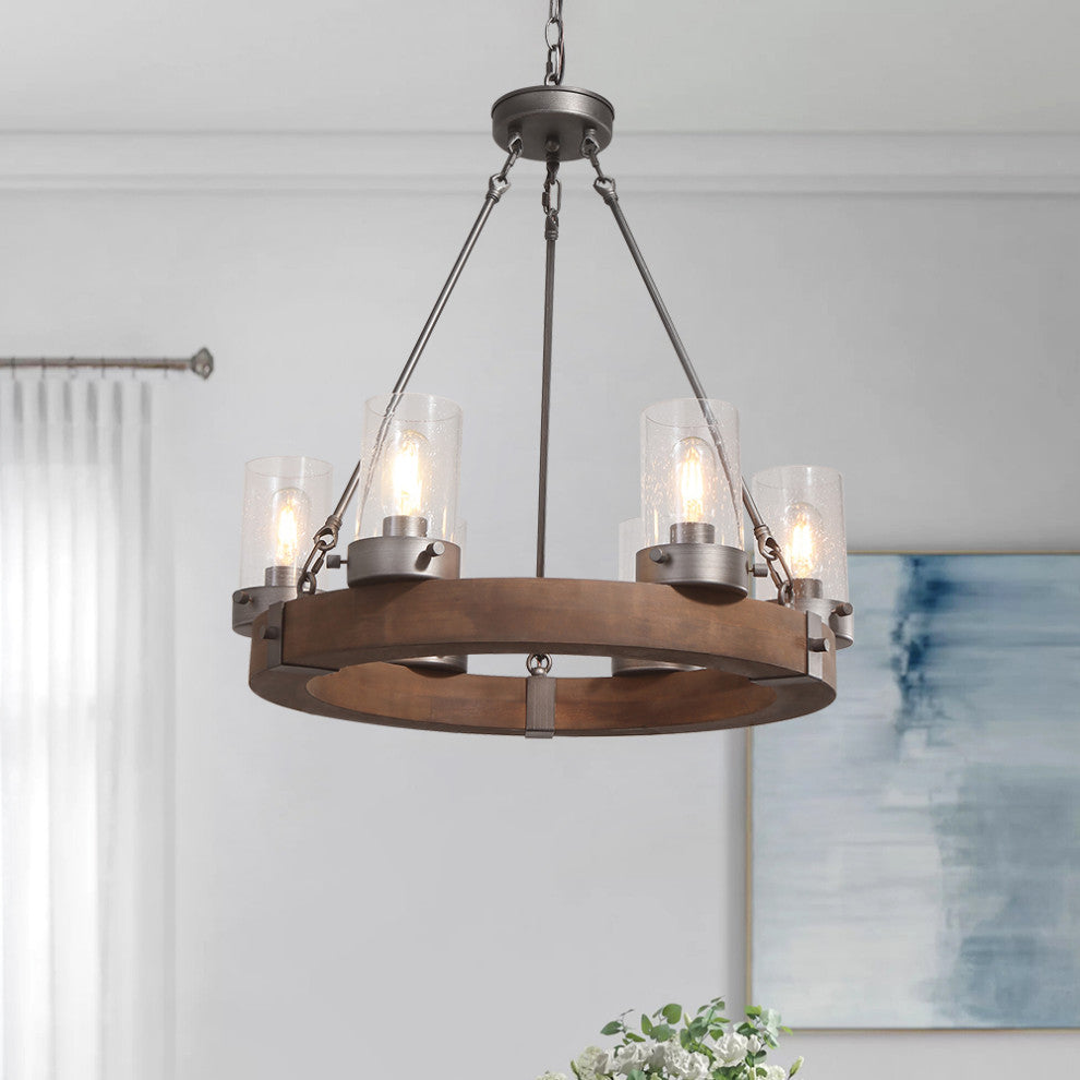 6 Light Wooden Wagon Wheel Chandelier