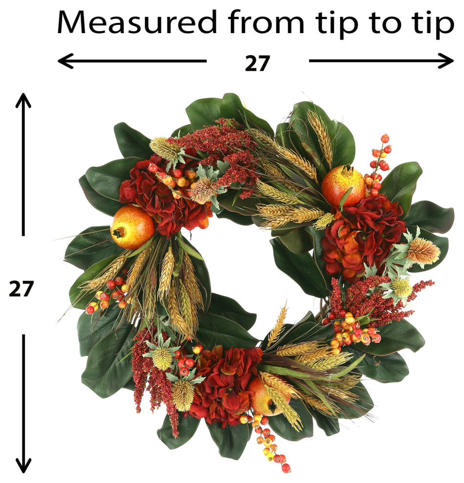 27" Fall Wreath with Hydrangeas, Wheat and Pomegranates