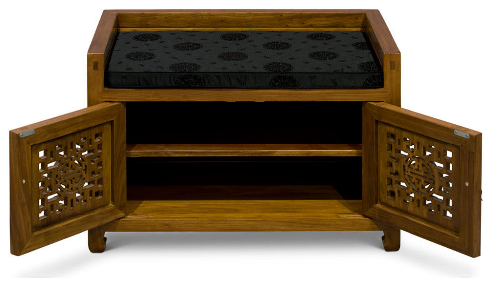 Walnut Elmwood Longevity Chinese Shoe Bench