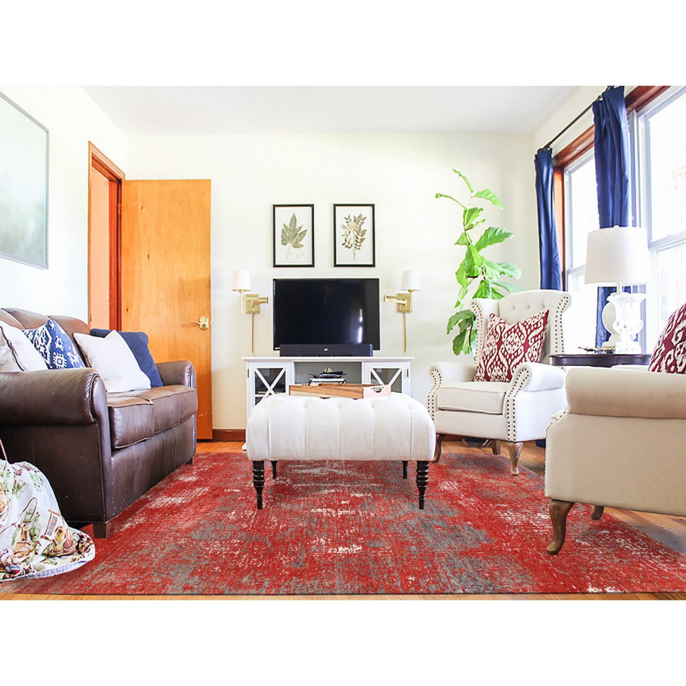 Red, Modern Design, Nepale Weave, Wool and Silk, Hand Knotted, Rug, 8'0" x 10'0"