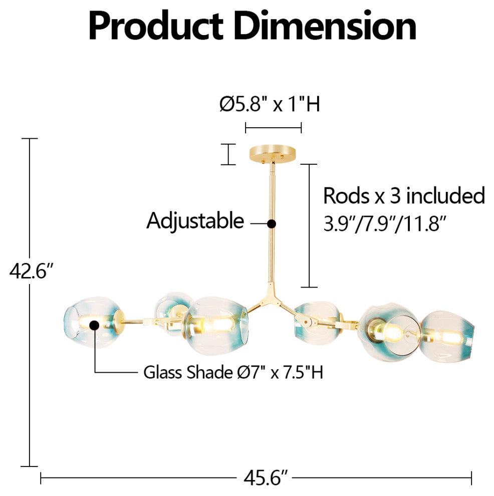 8-Light Adjustable Colorful Glass Shades Chandelier Pendant,Clear Glass Shades, Blue, 6light