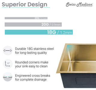 Rivage 30"x18" Stainless Steel, Single Basin, Undermount Kitchen Sink, Gold