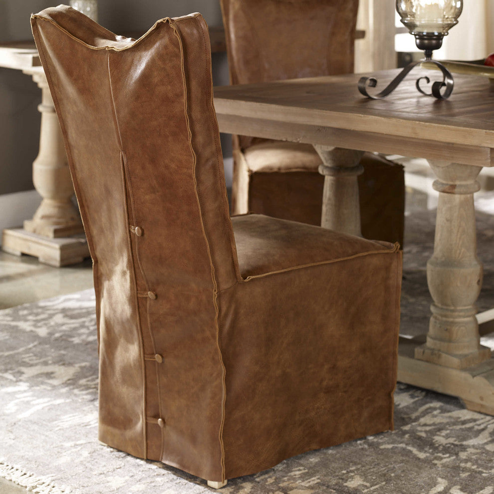 Leather Suede Side Dining Chair, Set of 2, Light Brown Slipcover