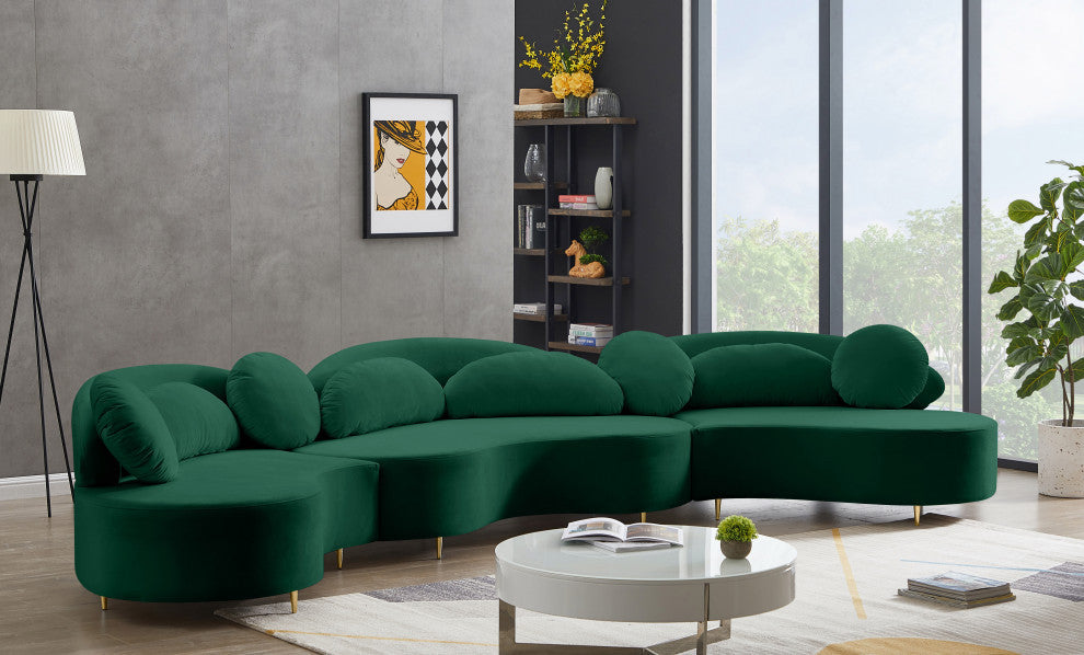 Vivacious Velvet Upholstered 3-Piece Sectional, Green