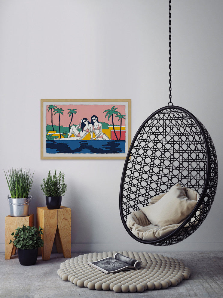 "Girls Sunbathing by the Pool" Framed Painting Print, 18"x12"