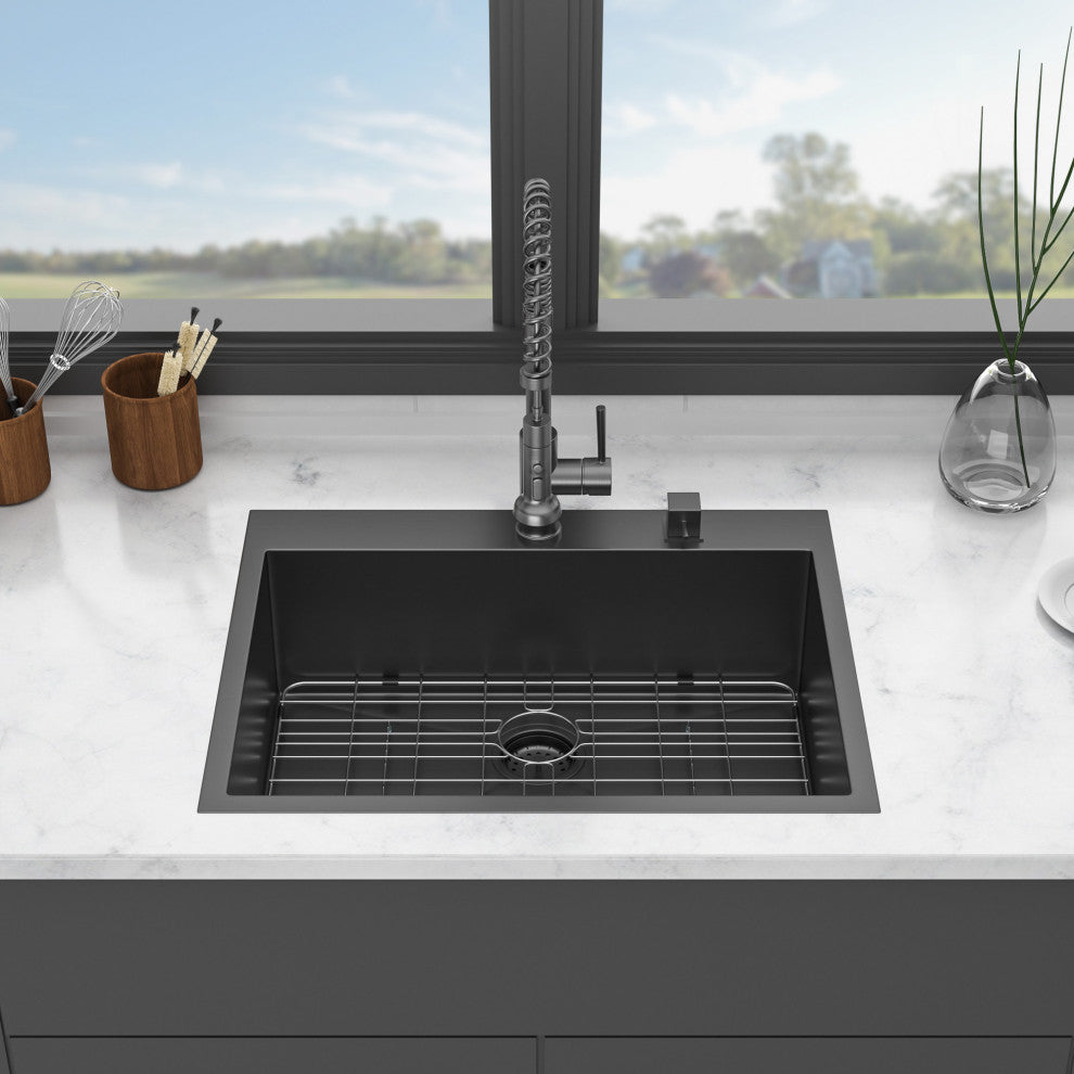 Black Stainless Steel Single Bowl Drop-In Kitchen Sink with Drain Assembly, Gunmetal Black, 28'' X 22''