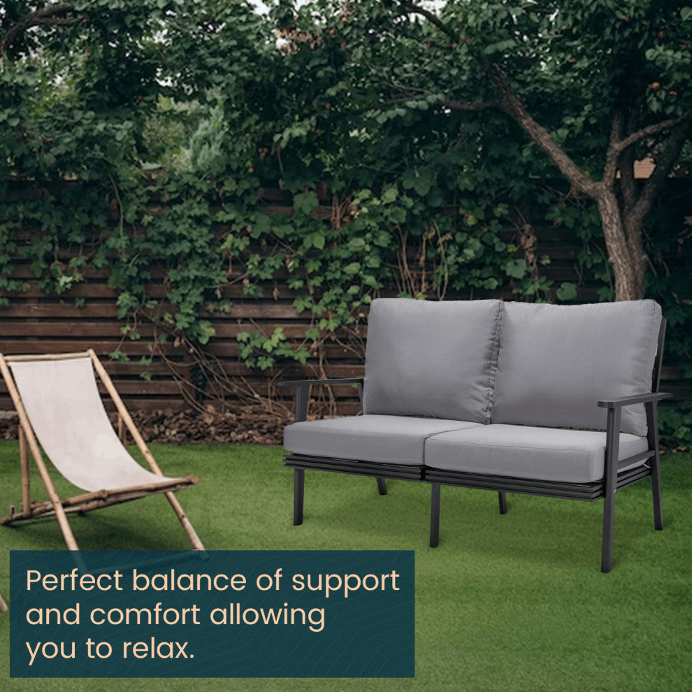 Leisuremod Walbrooke Patio Loveseat With Black Aluminum Frame, Gray