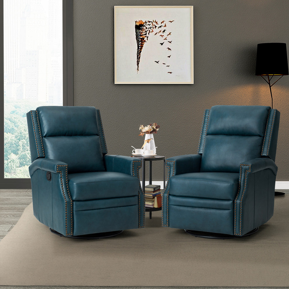 Genuine Leather Swivel Rocker Recliner, Set of 2, Turquoise