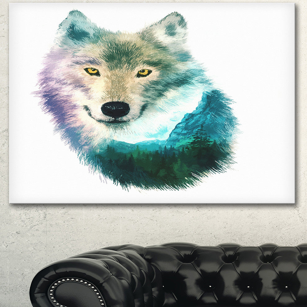 Wolf Head Double Exposure Drawing, Large Animal Canvas Art Print, 40"x30"