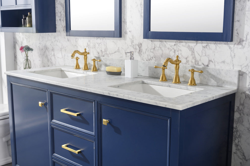 60" Double Sink Vanity Cabinet, Carrara White Top, Blue