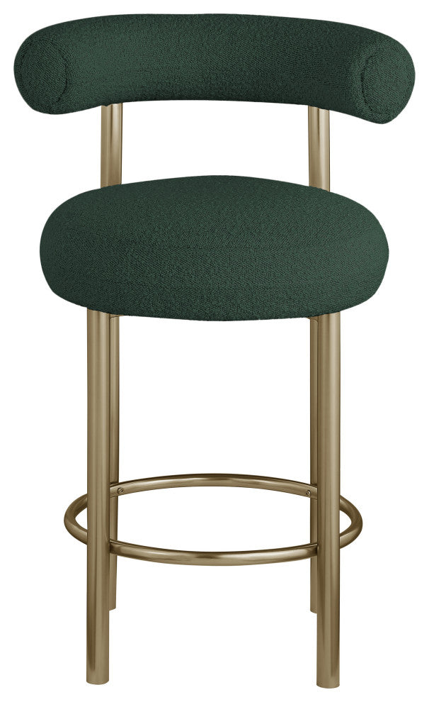 Bordeaux Upholstered Stool, Green, Boucle Fabric, Brushed Brass, Set of 2