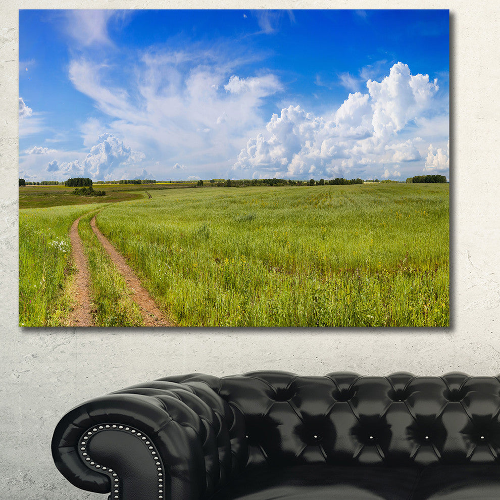 Road in Field with Green Grass, Landscape Canvas Art Print, 40"x30"