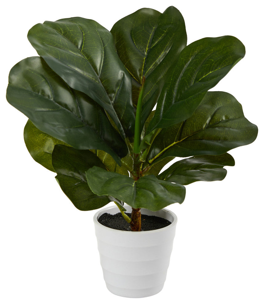 11" Fiddle Leaf Artificial Plant, White Planter, Real Touch