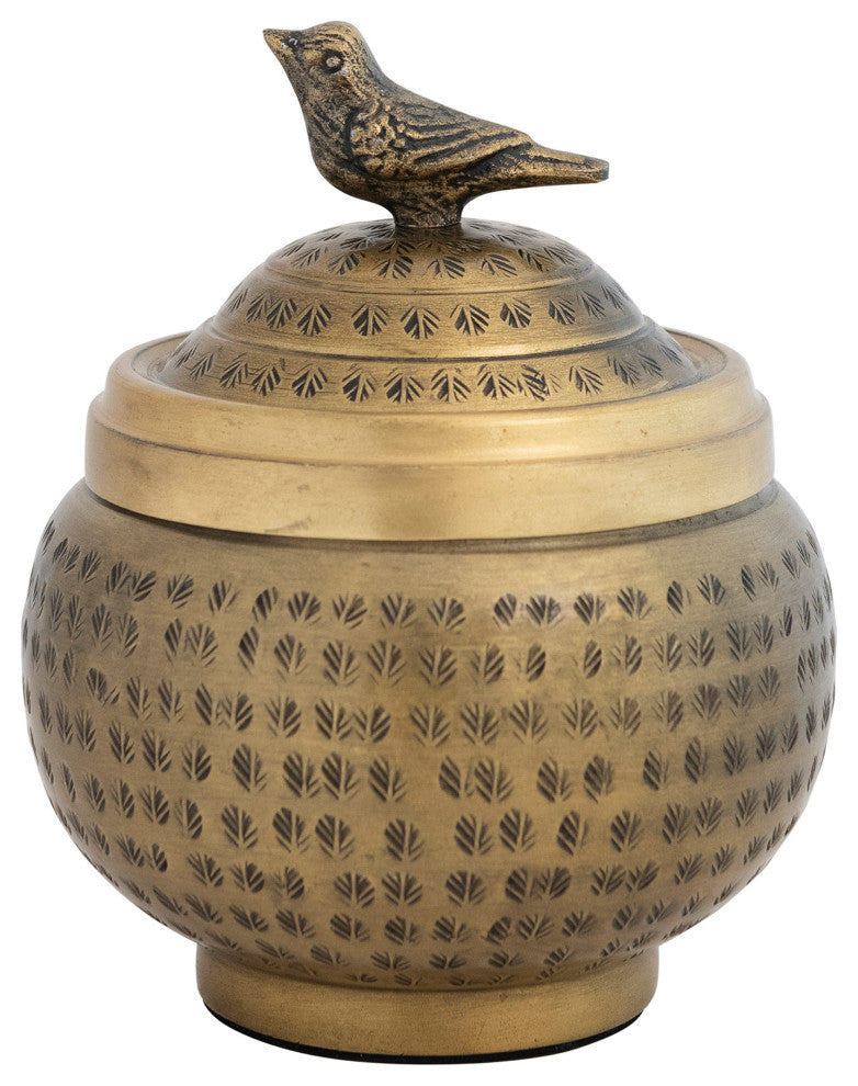 Hammered Aluminum Sphere Container with Lid and Bird, Antique Brass Finish