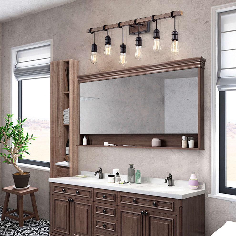 Amber 6-light Wall Sconce in Antique Black and Faux Wood Grain Finish