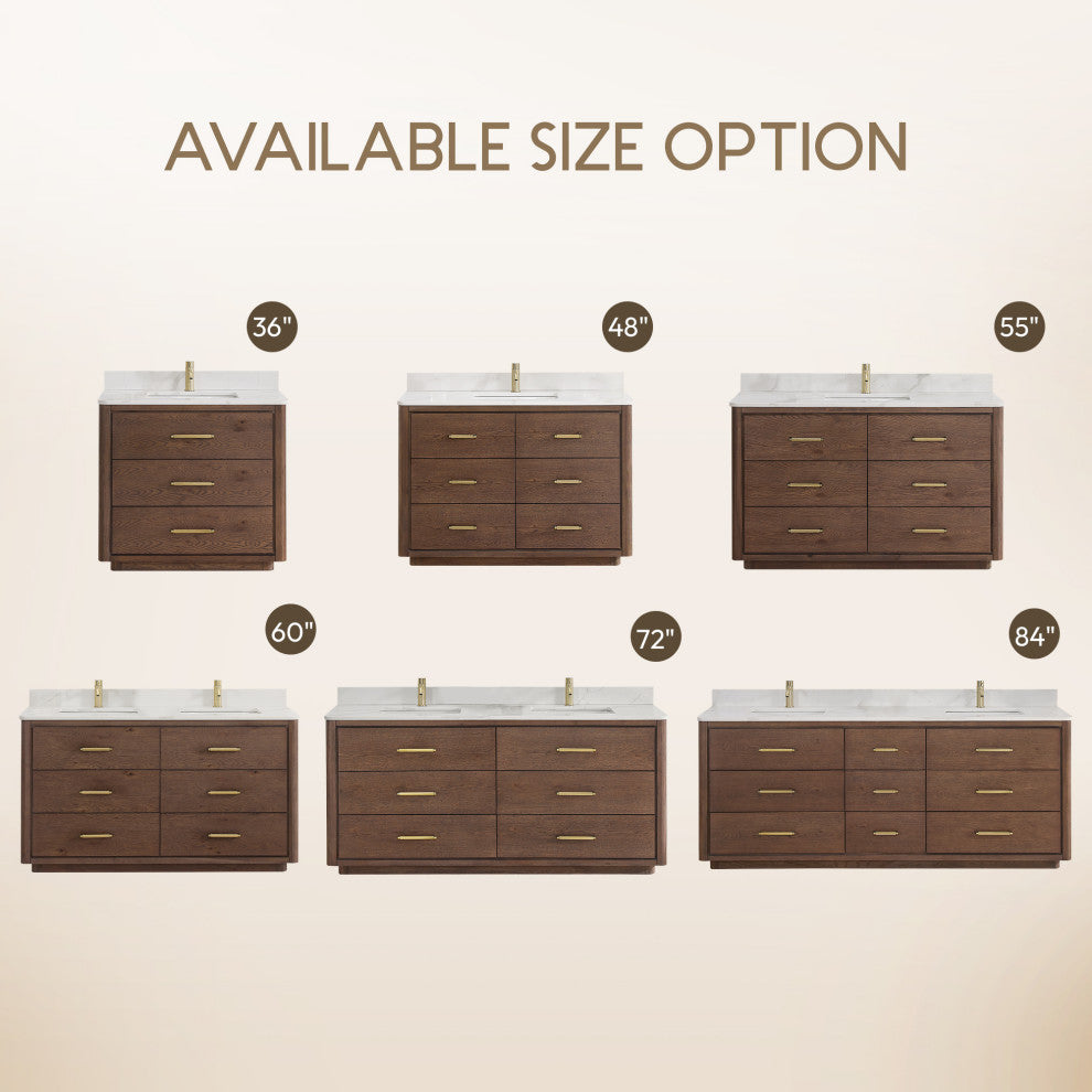 Porto Bath Vanity with White Quartz Stone Top, Dark Brown Oak, 84", No Mirror