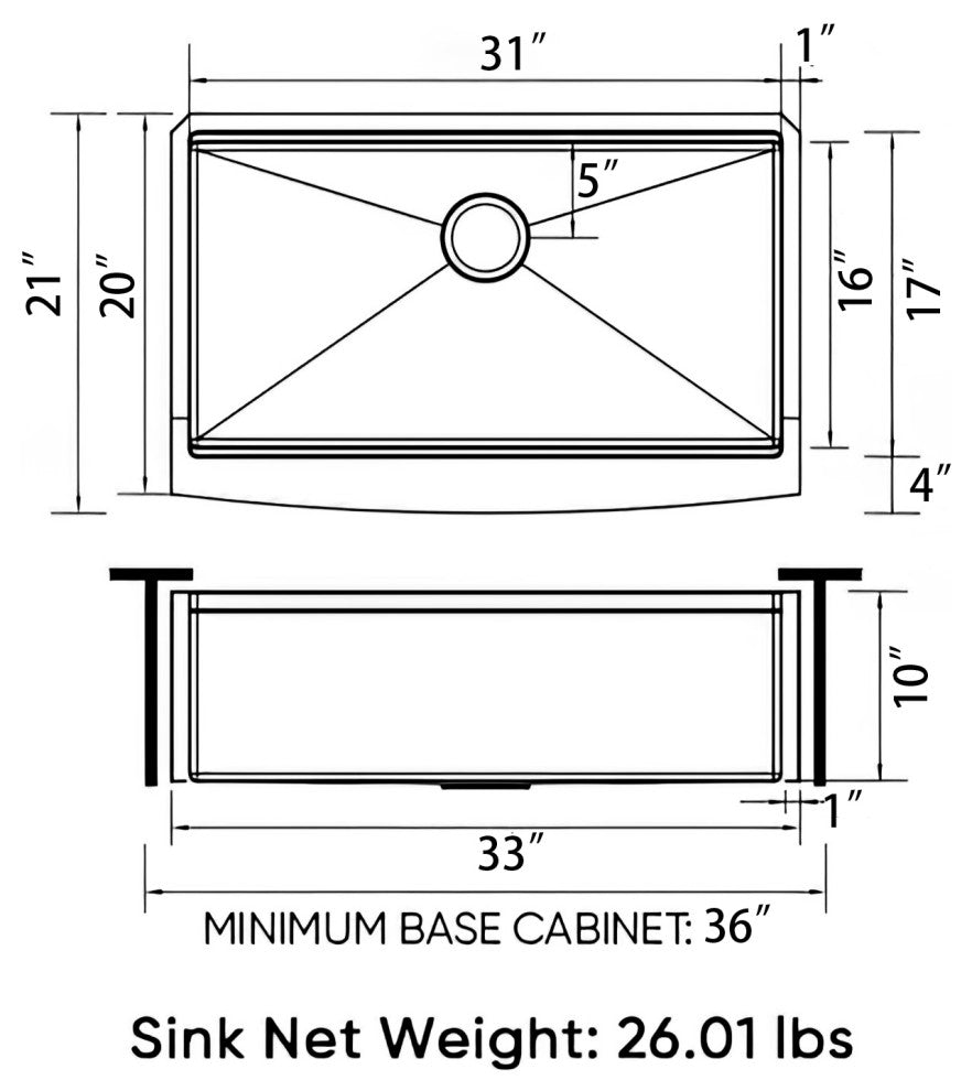 Sinber Single Bowl Kitchen Sink with 304 Stainless Steel Satin Finish, 33"x21" Workstation, Apron/Farmhouse