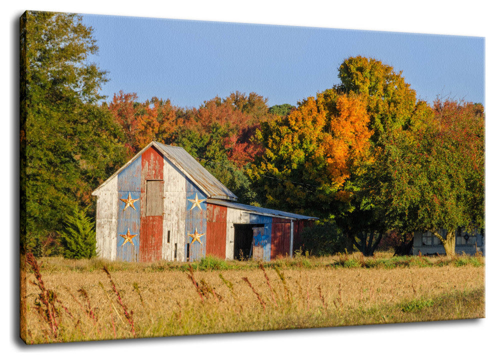 Patriotic Barn in Field Traditional Rural Canvas Wall Art Print, 18" X 24"