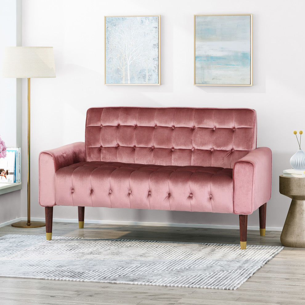 Aubrie Tufted Velvet Loveseat With Gold Tipped Tapered Legs, Blush, Gold Finish