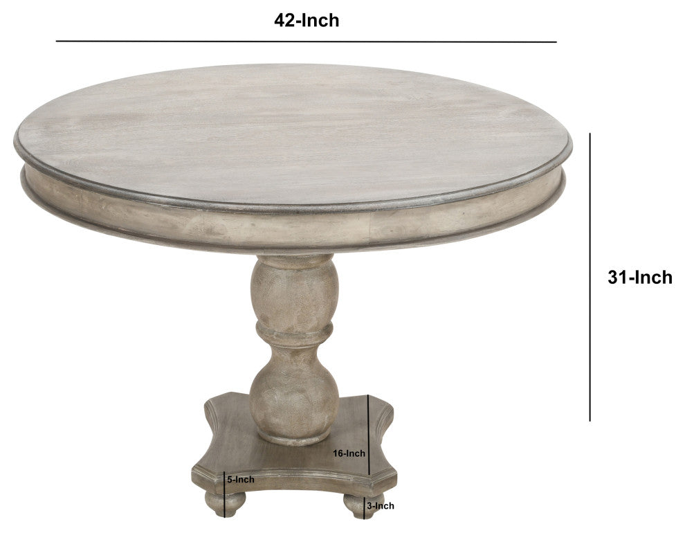 42" Mango Wood Dining Table Round Top Pedestal Base Washed White Gray